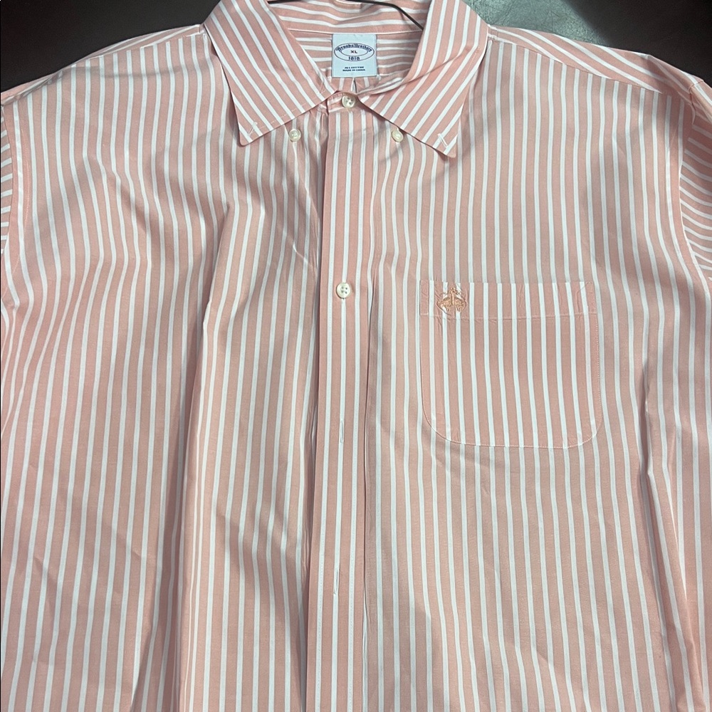 Brooks Brothers Men's Coral and White Striped Dress Shirt